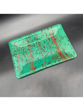 Fused Glass Tray Green Red Black Trinket Dish Plate Abstract Splatter Handmade